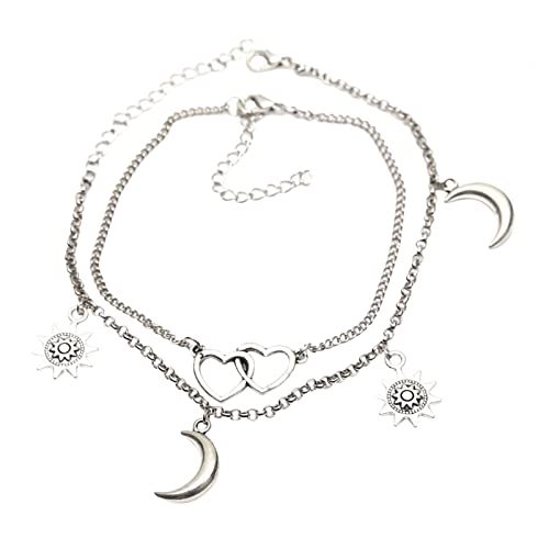 Unisex Verstellbar Fußkettchen Design Böhmische Sonne Liebe Mond Fußkettchen Armband Charms Anhänger Set Fuß Schmuck Zubehör Für Strand Hochzeit Mädchen Sommer Boho (Silver, One Size) von Generisch