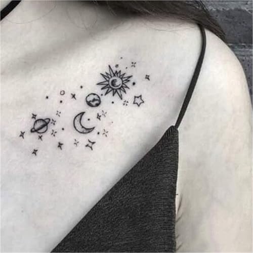 Universum Sternenhimmel Sonnensystem Mond Schlüsselbein Temporäre Tattoo Aufkleber für Männer und Frauen, Wasserfester und langlebiger Aufkleber, Fake Tattoos von Generisch