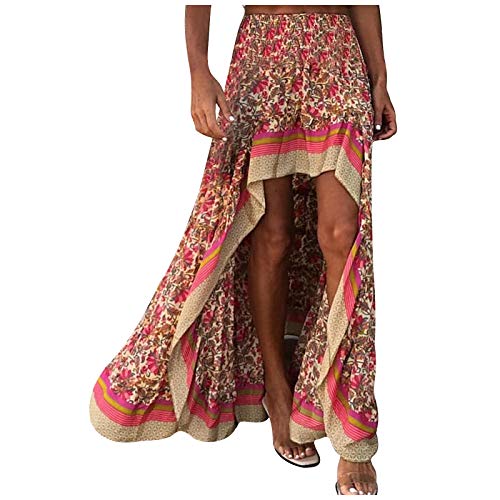 Unregelmäßig Rüschenrock Baggy Rock Vorne Kurz Hinten Lang Leicht Damenrock Hohe Taille Boho Strand Elastisch High Waist Röcke Midi Elegant Bequeme Lockere Röck Elegante Freizeitrock (Red, XL) von Generisch