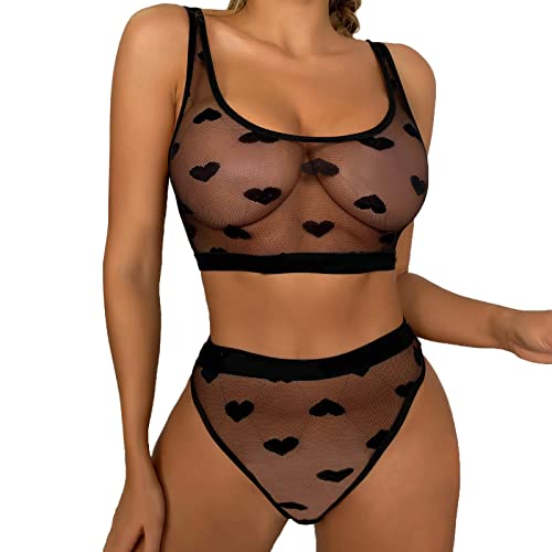 Unterwäsche Frauen Sexy Set Damen Netz Durchsichtig Reizwäsche-Sets BH und Höschen Herz-Gedruckt Unterwäsche Set Push Up Unterwäsche Set Frauen Bequem Sexy Weich und Dehnbar Dessous Sexy Set von Generisch