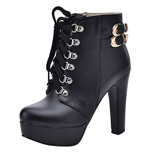 Up Gürtelschnalle Ankle Heel High Boots Damen Lace Boots Fashion Damenstiefel Haussocken Damen (Black, 41) von Generisch