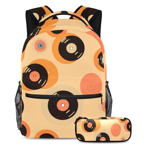 Upgrade Your School Gear Schultaschen-Set, trendige Reisebuchtasche für Jungen, Mädchen und Teenager, orangefarbenes Schallplatten-Muster, 2-teilig, mehrfarbig, B：29.4x20x40cm P：19x7.5x3.8cm, von Generisch