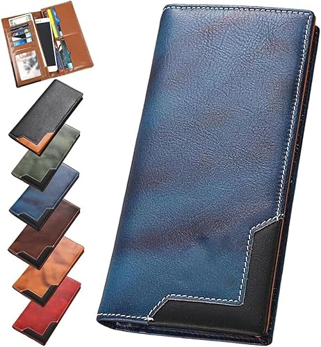 Upliftjoys Cowide Vintage Wallet, Herren Frauen Leder Bifold Long Card Wallets RFID blockieren Carteras para Hombres Geschenk, Elegy Upliftjoys Cowhide Vintage Brieftasche,Blue von Generisch