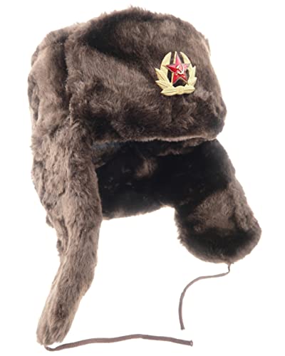 Ushanka Russische Fellmütze Tschapka Wintermütze mit Ohrenklappen Uschanka Unisex mit Stern Abzeichen (as3, Numeric, Numeric_56, Braun dunkel) von Generisch