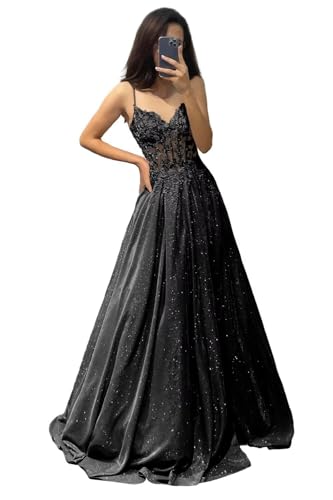 V Ausschnitt Glitzernde Spitze Applique Abschlussballkleider Damen Spaghetti Träger Formelle Abend lange Satin Partykleider mit Taschen Black M von Generisch