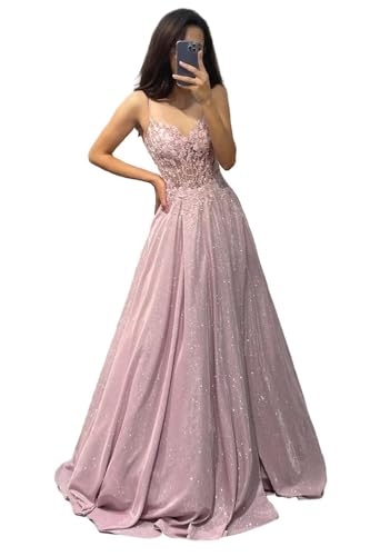 V Ausschnitt Glitzernde Spitze Applique Abschlussballkleider Damen Spaghetti Träger Formelle Abend lange Satin Partykleider mit Taschen Blush Pink M von Generisch