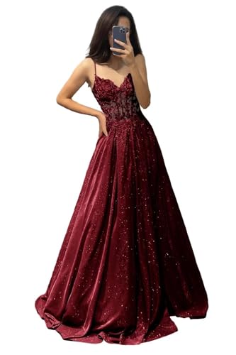 V Ausschnitt Glitzernde Spitze Applique Abschlussballkleider Damen Spaghetti Träger Formelle Abend lange Satin Partykleider mit Taschen Burgundy XS von Generisch