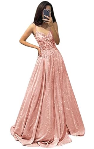 V Ausschnitt Glitzernde Spitze Applique Abschlussballkleider Damen Spaghetti Träger Formelle Abend lange Satin Partykleider mit Taschen Dusty Rose M von Generisch