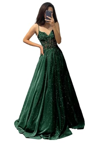 V Ausschnitt Glitzernde Spitze Applique Abschlussballkleider Damen Spaghetti Träger Formelle Abend lange Satin Partykleider mit Taschen Emerald Green XXL von Generisch
