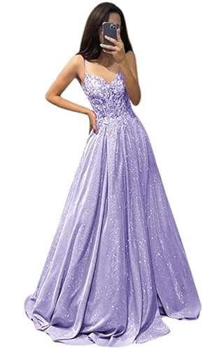 V Ausschnitt Glitzernde Spitze Applique Abschlussballkleider Damen Spaghetti Träger Formelle Abend lange Satin Partykleider mit Taschen Lilac XXS von Generisch