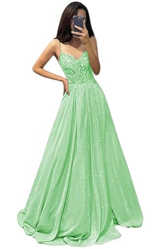 V Ausschnitt Glitzernde Spitze Applique Abschlussballkleider Damen Spaghetti Träger Formelle Abend lange Satin Partykleider mit Taschen Mint Green L von Generisch