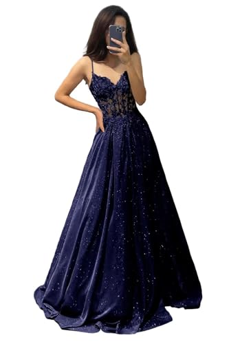 V Ausschnitt Glitzernde Spitze Applique Abschlussballkleider Damen Spaghetti Träger Formelle Abend lange Satin Partykleider mit Taschen Navy Blue M von Generisch