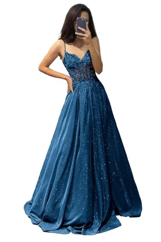 V Ausschnitt Glitzernde Spitze Applique Abschlussballkleider Damen Spaghetti Träger Formelle Abend lange Satin Partykleider mit Taschen Peacock L von Generisch