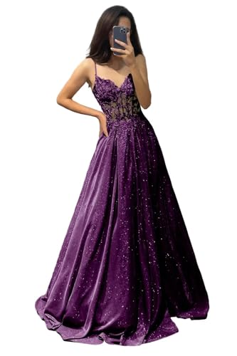 V Ausschnitt Glitzernde Spitze Applique Abschlussballkleider Damen Spaghetti Träger Formelle Abend lange Satin Partykleider mit Taschen Plum XS von Generisch