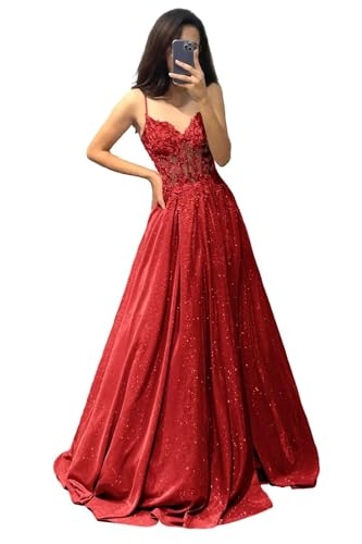V Ausschnitt Glitzernde Spitze Applique Abschlussballkleider Damen Spaghetti Träger Formelle Abend lange Satin Partykleider mit Taschen Red 6XL von Generisch
