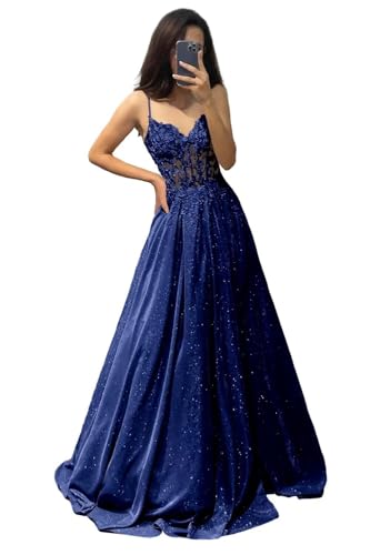 V Ausschnitt Glitzernde Spitze Applique Abschlussballkleider Damen Spaghetti Träger Formelle Abend lange Satin Partykleider mit Taschen Royal Blue M von Generisch
