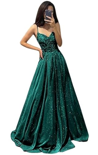 V Ausschnitt Glitzernde Spitze Applique Abschlussballkleider Damen Spaghetti Träger Formelle Abend lange Satin Partykleider mit Taschen Teal XS von Generisch