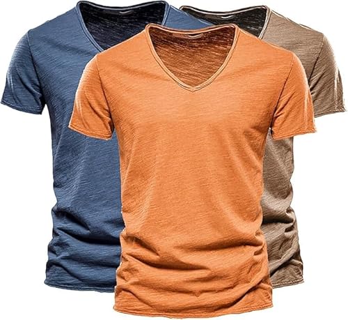 V Ausschnitt Herren T Shirt, T Shirt Herren V Ausschnitt Lang Oversized Tshirt Set Pack 3er Basic Unifarben Longshirt Kurzarm Mode 2025 Cutted Shirts Aus Slub Baumwolle, Marine+Orange+Braun, XXL von Generisch