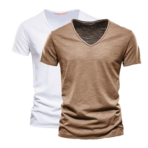 V Ausschnitt Herren T Shirt,Herren V-Ausschnitt T-Shirts Modische Kurzarmshirts aus Slub Baumwolle Bequeme Basic Sommeroberteile in Uni-Farben Klassische Freizeitshirts S-5Xl von Generisch