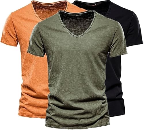 V Neck Tshirt Herren, T Shirt Herren V Ausschnitt Lang Oversized Tshirt Set Pack 3er Basic Unifarben Longshirt Kurzarm Mode 2025 Cutted Shirts Aus Slub Baumwolle, Schwarz+Orange+Armeegrün, L von Generisch