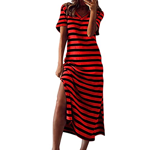 Vacation Split T-Shirt-Kleider für Damen, Frühling, Sommer, trendiges Maxi-Sommerkleid, kurzärmelig, Strandkleid, 2025, T-Shirt-Kleid, lockere Passform, V-Ausschnitt, Maxi-Kleid, gestreift, A-Linie Vacation Split T-Shirt-Kleider für Damen, Frühling, Sommer, trendiges Maxi-Sommerkleid, kurzärmelig, Strandkleid, 2025, T-Shirt-Kleid, lockere Passform, V-Ausschnitt, Maxi-Kleid, gestreift, A-Linie von Generisch