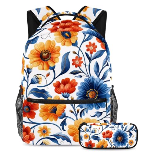 Verbessern Sie Ihre Schulausrüstung mit dem 2-teiligen Kinder-Schultaschen-Set, Rucksack und Federmäppchen für Jungen, Mädchen und Teenager, schöne Blumen, mehrfarbig, B：29.4x20x40cm P：19x7.5x3.8cm, von Generisch