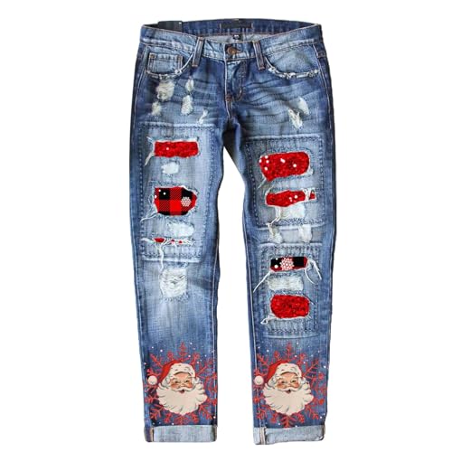 Verdicken Jeans Damen Weihnachtshose Zerrissene Löcher Jeans Weihnachten Druck Jeanshosen Winter Jeanshose Gerade Hosen Bequem Freizeithosen Sweatpant Lässige Klassisch Weihnachtsjeans von Generisch