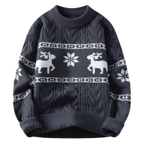 Verdickt Weihnachtspullover Herren Strickpullover Rentier Druck Rundhals Langarm Christmas Pullover Zopfmuster Grobstrick Strickpulli Weich Warm Norwegerpullover für Winter (Grey, 4XL) von Generisch