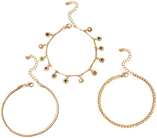 Verstellbare Länge, Sommer-Fußkettchen für Damen, 3 Stück/Set, Damen-Fußkettchen, bunter Blumenanhänger, exquisite Legierung, passend zu Ketten, Fußarmband für Strand, 3 Stück von Generisch