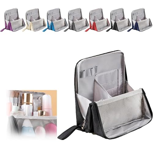 Vertikale Make-up-Tasche mit Griff - Wasserdichter stehender Kosmetik-Organizer mit Fächern, große Kapazität, Oxford-Tuch, Kulturbeutel für Reisen & Zuhause, Schwarz , Vertikal stehende Make-up-Tasche von Generisch
