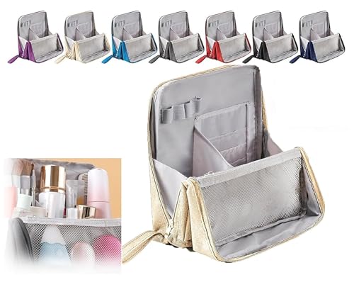 Vertikale Make-up-Tasche mit Griff - Wasserdichter stehender Kosmetik-Organizer mit Fächern, große Kapazität, Oxford-Tuch, Kulturbeutel für Reisen & Zuhause, beige, Vertikal stehende Make-up-Tasche von Generisch