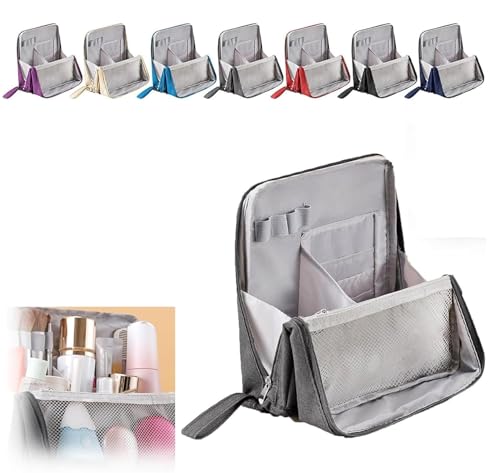 Vertikale Make-up-Tasche mit Griff - Wasserdichter stehender Kosmetik-Organizer mit Fächern, große Kapazität, Oxford-Tuch, Kulturbeutel für Reisen & Zuhause, grau, Vertikal stehende Make-up-Tasche von Generisch