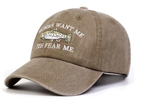 Vintage Cap Women Want Me Fish Fear Me – Beige – Verstellbare Angler-Basecap von Generisch