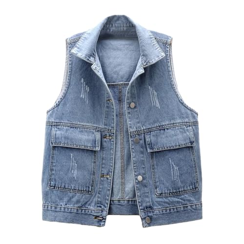 Vintage-Denim-Weste mit großen Taschen, Cowboy-Weste, ärmellos, koreanisch, lockere kurze Jeans-Weste, hellblau, 46 von Generisch