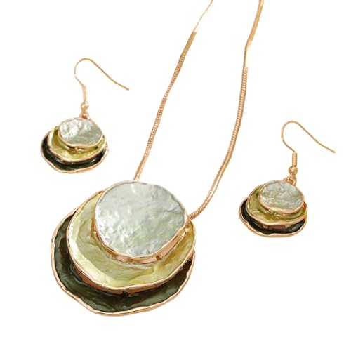 Vintage Enamel Jewelry Set, Bohemian Three-layer Circular Jewelry Set, Geometric Pendant Necklace and Earrings Set for Women, Jewelrys Sets Suitable for Casual Attire or Vacation (Olive Dream) von Generisch