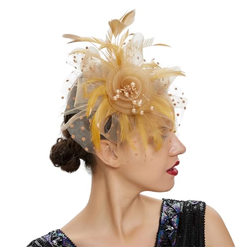 Vintage-Fascinator-Hut mit Federn, Blume, für Damen, Haarschmuck, Hochzeit, Party, Netzstoff, Schleier, gold, 1 count (Pack of 1) von Generisch