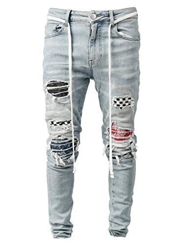 Vintage Jeans Mit Zerrissenem Patch FüR Herren Skinny Biker Denim Hose Print Muster Hip Hop Check Patchwork Jeanshose (3XL,Hellblau) von Generisch