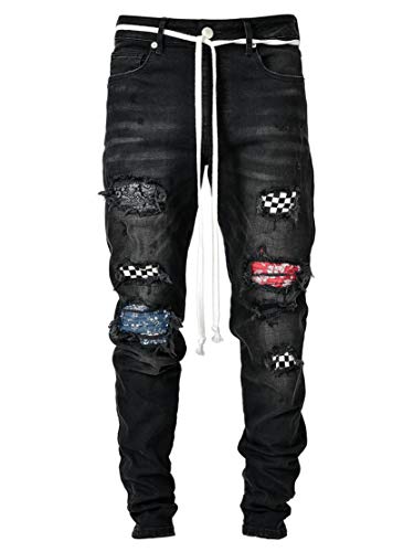 Vintage Jeans Mit Zerrissenem Patch FüR Herren Skinny Biker Denim Hose Print Muster Hip Hop Check Patchwork Jeanshose (L,Schwarz) von Generisch