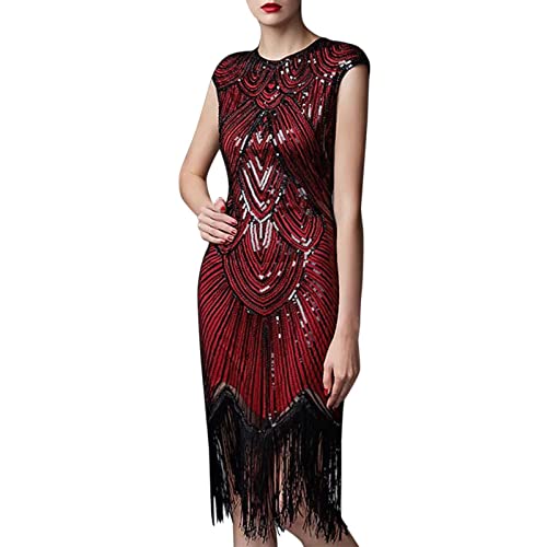 Vintage Partykleid Camikleid Frauen Mode 1920er Jahre Sexy Vintage Casual Gothic Kleid Plus Größe Pailletten Quaste 20er Jahre Kostüm Partykleid Blumenkleid Strandkleid Lang Cocktailkleid (Red, S) von Generisch