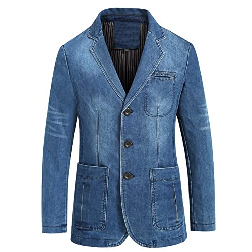 Vintage Revers Denim Blazer für Herren Schmal Geschnittene Jacke mit 3 Knöpfen und Gekerbtem Kragen Klassischer Retro Jeans Sportmantel in Distressed Optik (L,Blau) von Generisch