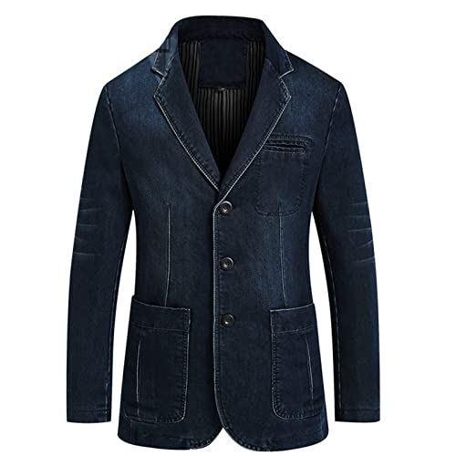 Vintage Revers Denim Blazer für Herren Schmal Geschnittene Jacke mit 3 Knöpfen und Gekerbtem Kragen Klassischer Retro Jeans Sportmantel in Distressed Optik (M,Dunkelblau) von Generisch