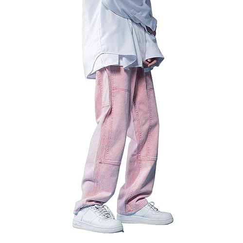Vintage Streetware Jeans Herrenhose Lockere Herren Modern Leicht Modische Straight Leg Lässig Jeanshose Gerade Bein Baggy Relaxhose Langes Jeanshosen Weitem Freizeithose Große Größen (Pink, M) von Generisch