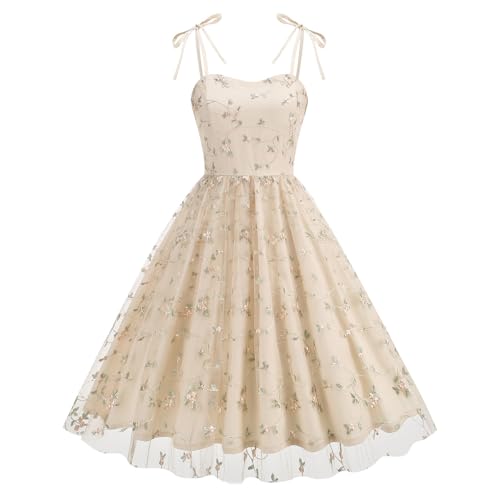 Wadenlange Kleider Damen Vintage Elegantes Kleid Sommer Träger Blatt Stickerei Mesh Swing A Linie Cocktailkleider Damen Kleid Hochzeitsgast Sommer (Beige, XXL) von Generisch