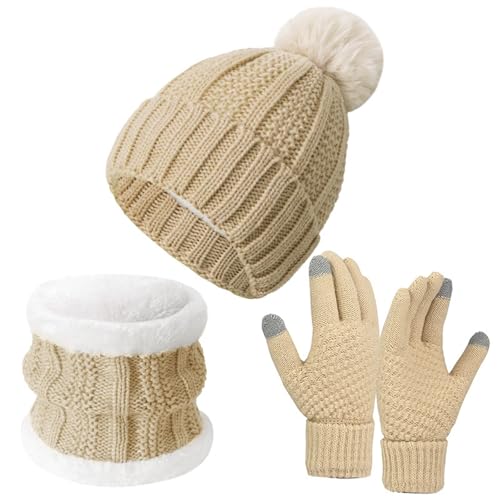 Wärmer Mütze Damen 3 in 1 Set Slouchy Beanie Mütze Winter Wärmer Lange Strickmütze Touchscreen Fleece Gefütterte Handschuhe Schal Halswärmer Schlauchschal Set Gestrickte Winter Geschenk mit Bommel von Generisch
