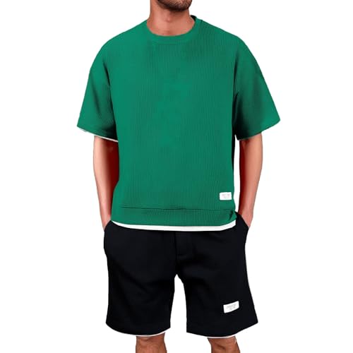 Waffle Trainingsanzug Herren Jogginganzug 2 Teiler Sportanzug Shorts und Tshirt Set Stretch Atmungsaktive Freizeitanzug Strand Männer Tracksuit Schwarz Weiß Grau Khaki Hausanzug Mens Activewear s xs m von Generisch