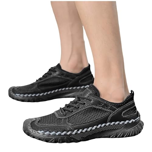Wanderschuhe Herren Sommer Mesh Sneaker Handgefertigte Leder Sportschuhe Atmungsaktive rutschfeste Trekkingschuhe Wasserdicht Strandschuhe Leichte Outdoorschuhe Schlupfschuhe StraßEnlaufschuhe von Generisch