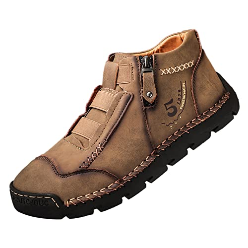 Wanderschuhe Herren Wasserdicht Leder Schlupfschuhe mit Reißverschluss Barfuss Schuhe Flache Sohle Modische Leder-Barfußschuh Flach rutschfest Barfußschuhe Freizeitschuhe Verschleißfest Sportschuhe von Generisch