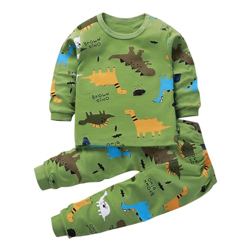 Schlafanzug Jungen Pyjama Baumwolle Bekleidungssets Kinder Pyjama Set Langarm Zweiteiler Kinderanzüge Outfit Winter Nachtwäsche Weiche Klamotten Rundhals Kleidung Grün,120 von Generisch
