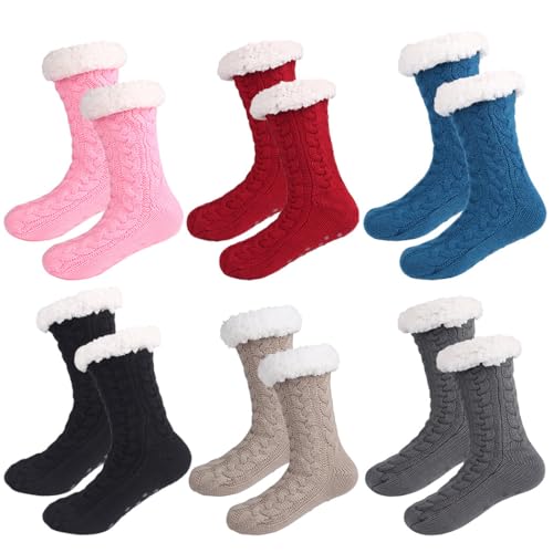 Warme, gemütliche Vintage-Stricksocken, 6 Paar, elastisch, thermisch, atmungsaktiv, niedlich, klassisch, rutschfest, für den Winter, Einheitsgröße, Acrylfaser, Ohne Edelstein von Generisch