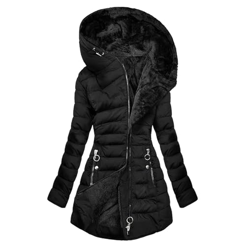 Warmer Gefüttert Winterjacke Damen Lang Steppjacke Fleece Daunenjacke Mit Kapuze Winddicht Outdoorjacke Große Größen Damenmantel Winter Parka Jacke Langarm Wintermantel Casual Fleecejacke von Generisch